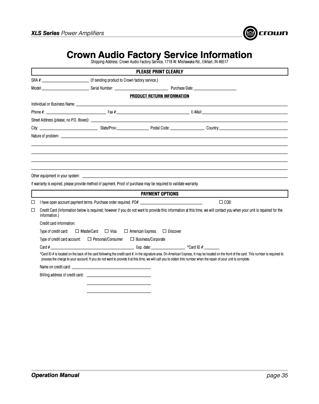 Crown XLS 1000 Crown Audio Factory Service Information, Please Print Clearly, Payment Options, XLS Series Power Ampliﬁ ers 