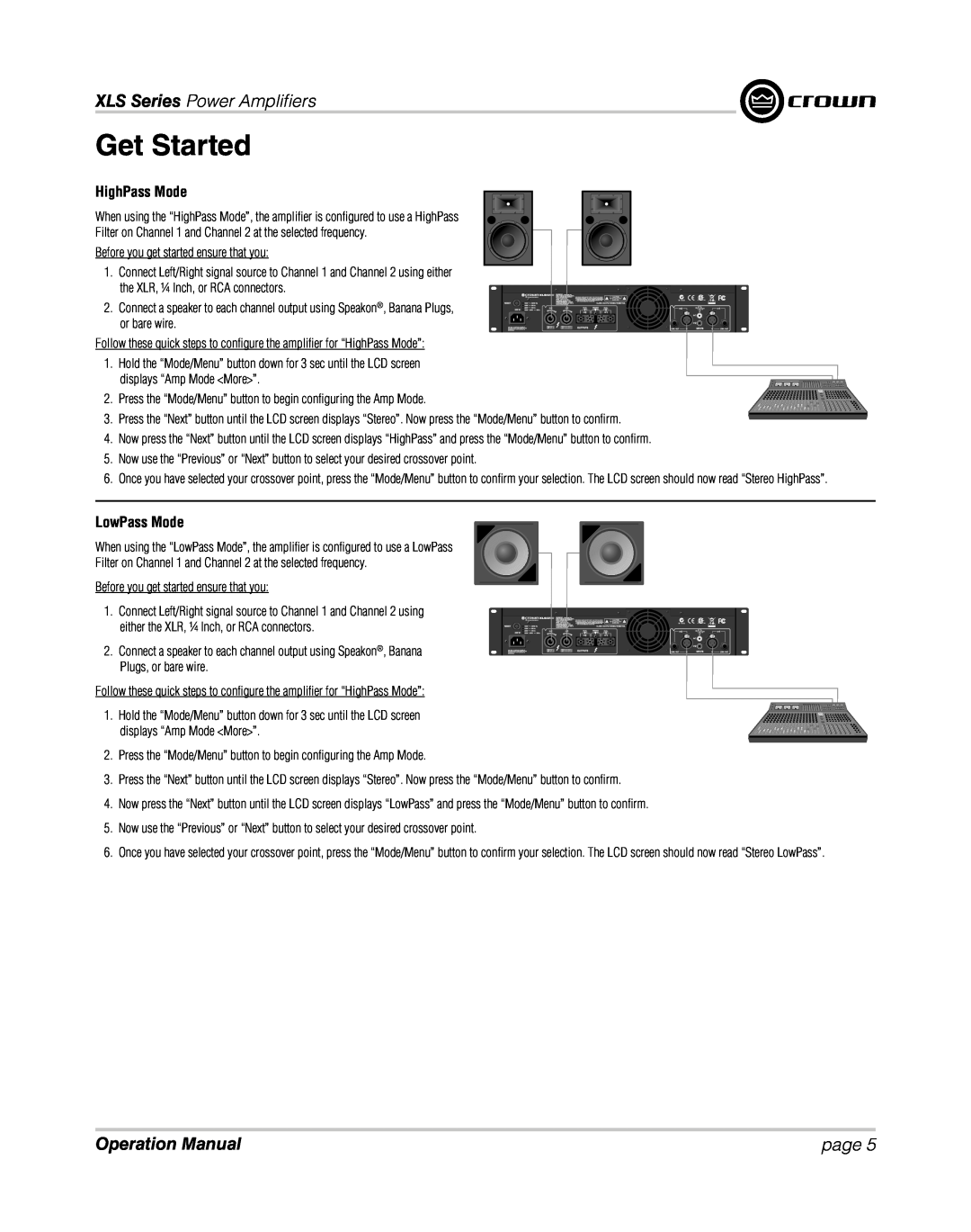 Crown XLS 1000 operation manual HighPass Mode, LowPass Mode, Get Started, XLS Series Power Ampliﬁ ers, page 