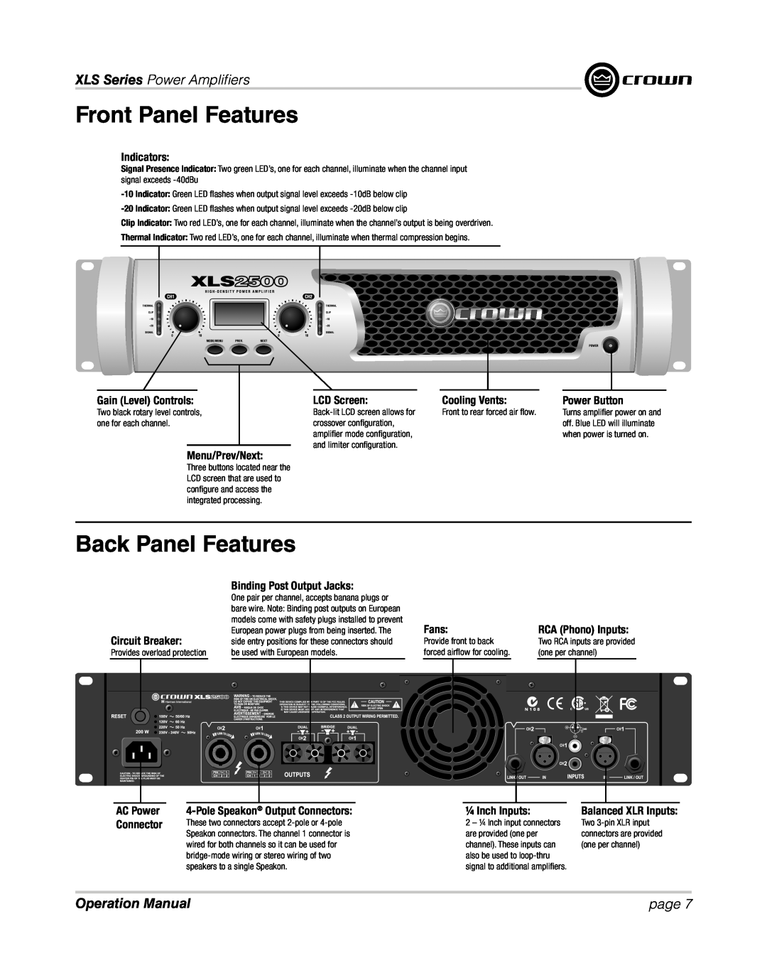Crown XLS 1000 operation manual Front Panel Features, Back Panel Features, XLS Series Power Ampliﬁ ers, page 