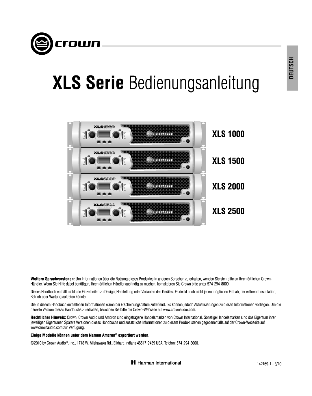 Crown XLS 1000 operation manual XLS Serie Bedienungsanleitung, Deutsch, Xls Xls Xls Xls 