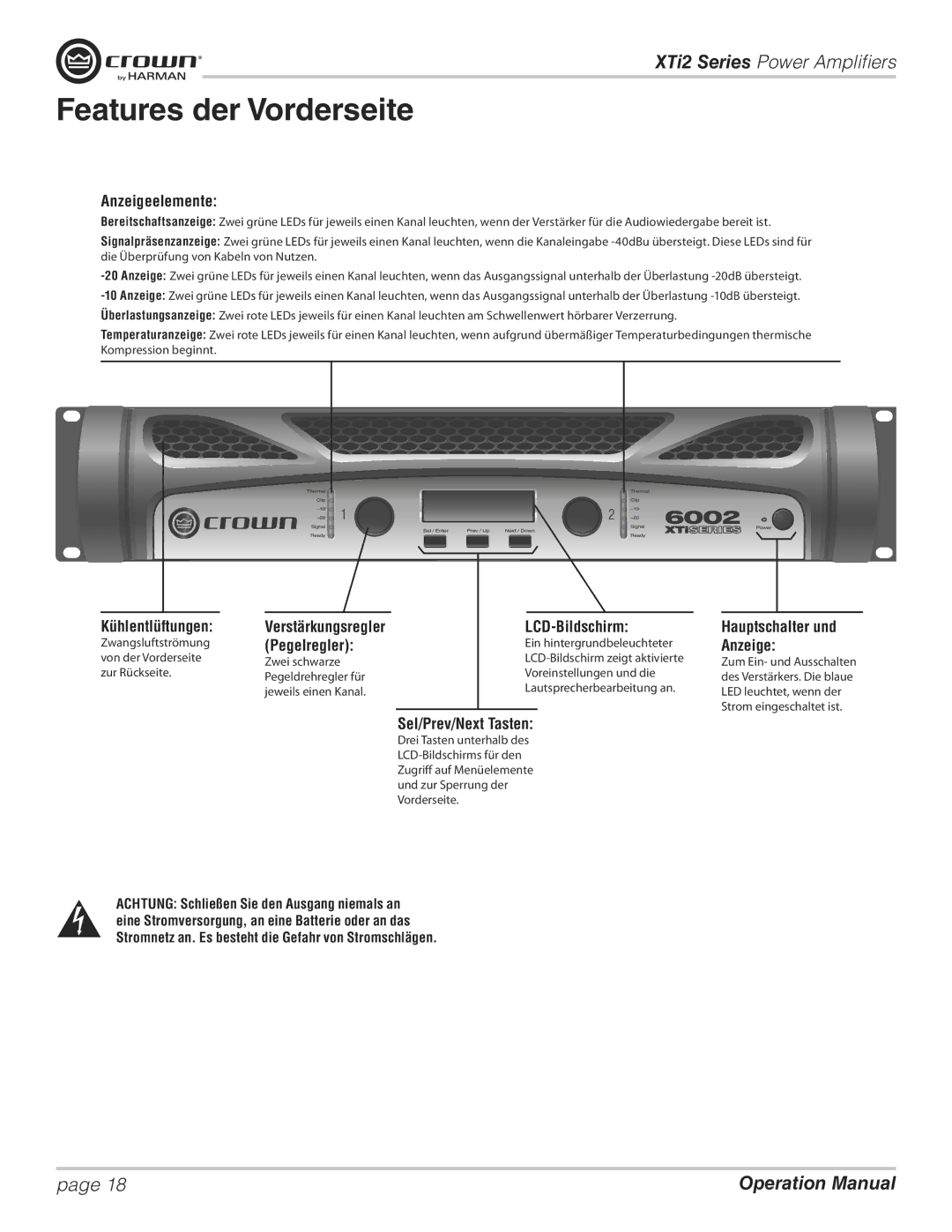 Crown XTI 6002, XTI 2002, XTI 4002, XTI 1002 operation manual Features der Vorderseite 