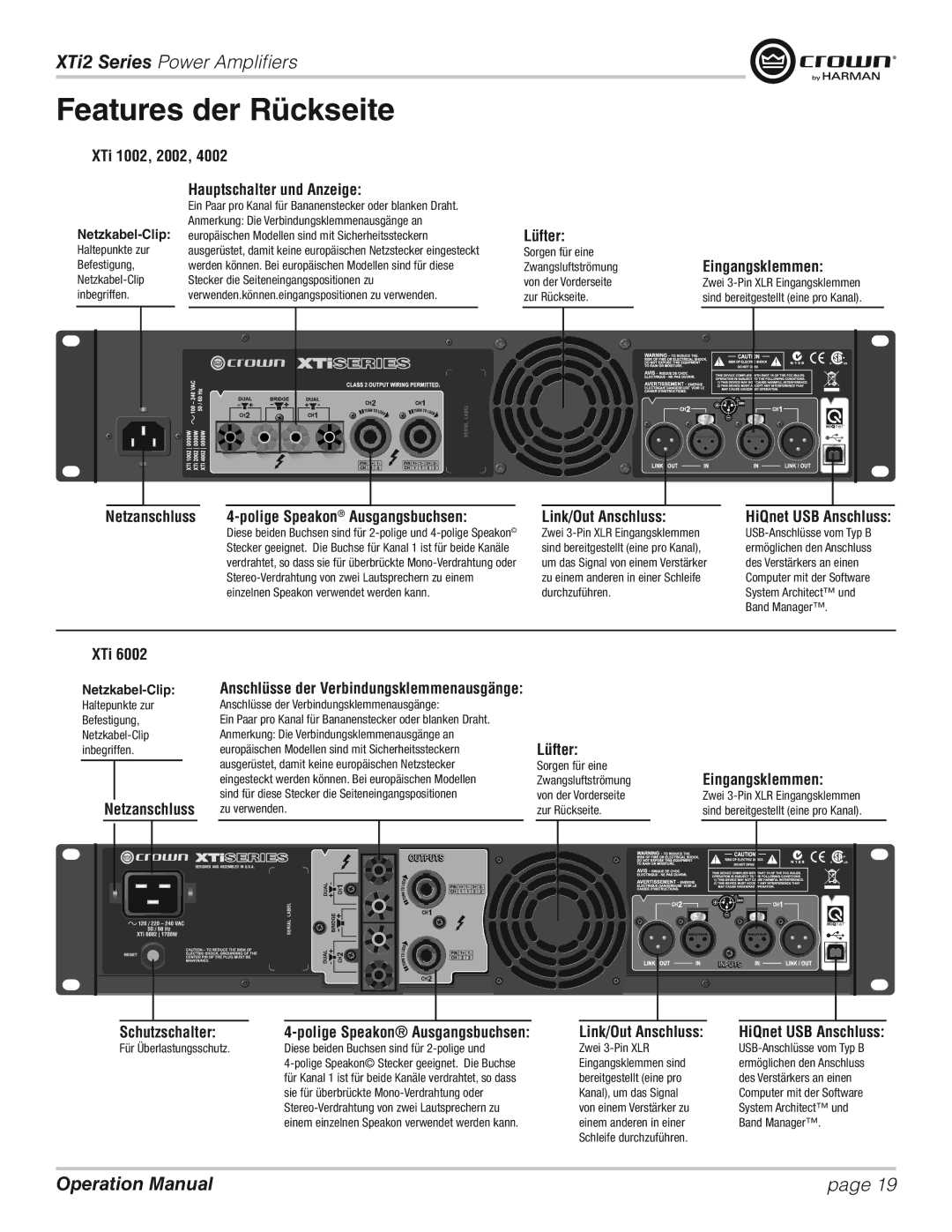 Crown XTI 1002, XTI 2002, XTI 4002, XTI 6002 operation manual Features der Rückseite 