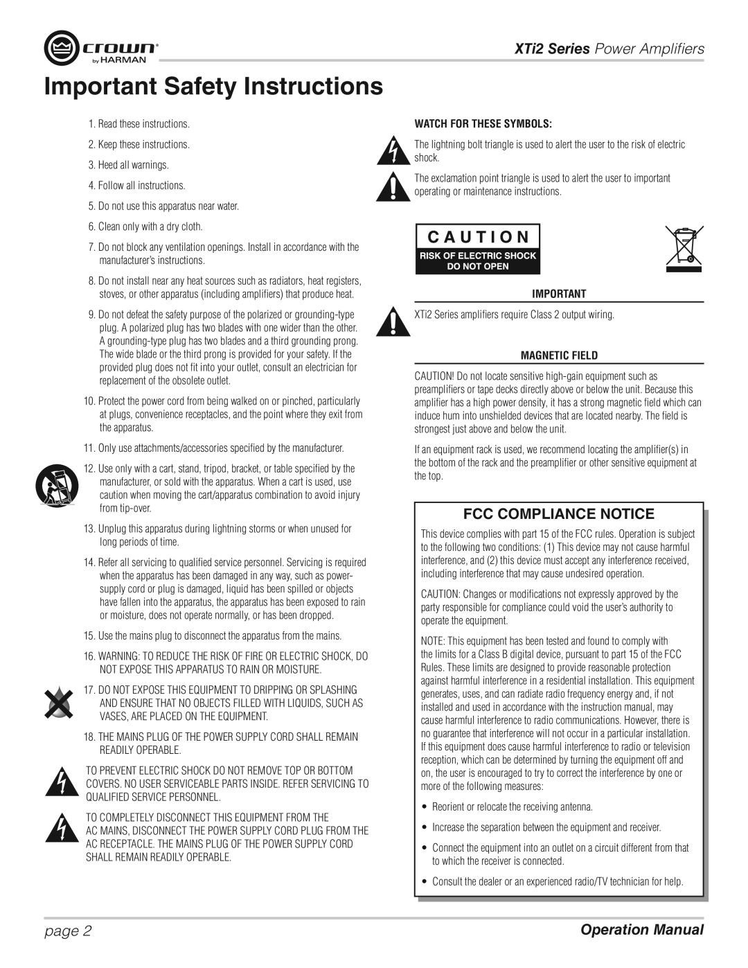 Crown XTI 6002, XTI 2002, XTI 4002 Important Safety Instructions, XTi2 Series ampliﬁers require Class 2 output wiring 