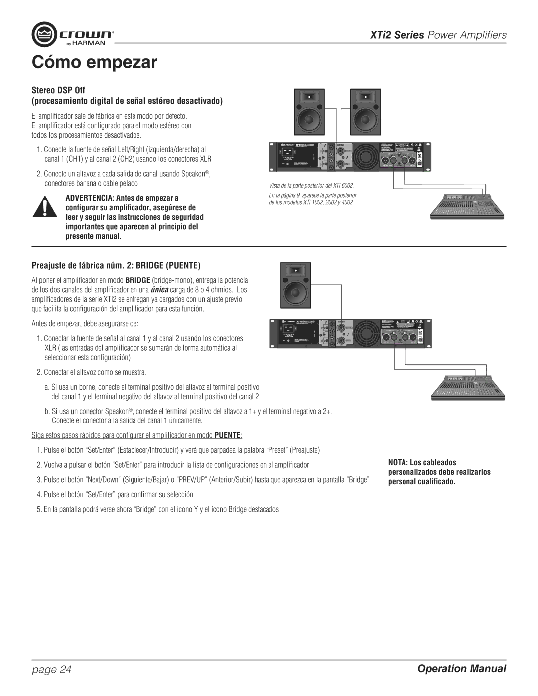 Crown XTI 2002, XTI 4002, XTI 6002, XTI 1002 operation manual Cómo empezar, Preajuste de fábrica núm Bridge Puente 