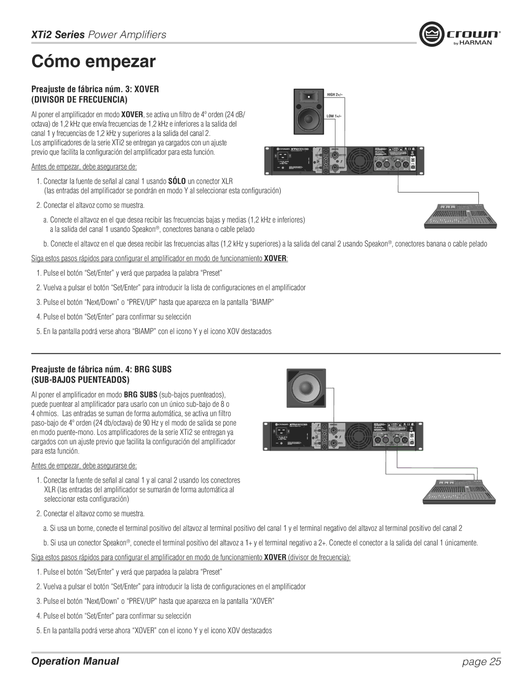 Crown XTI 4002, XTI 2002, XTI 6002, XTI 1002 operation manual Preajuste de fábrica núm BRG Subs SUB-BAJOS Puenteados 