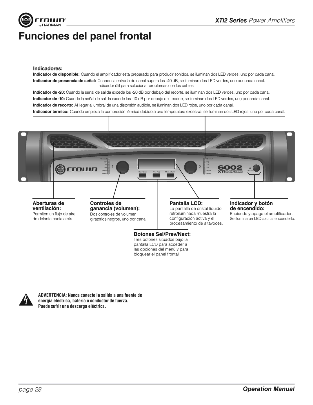 Crown XTI 2002, XTI 4002, XTI 6002, XTI 1002 operation manual Funciones del panel frontal 