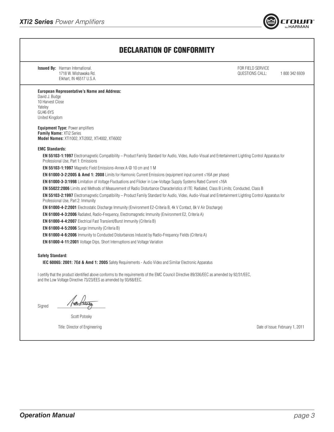 Crown XTI 1002, XTI 2002, XTI 4002, XTI 6002 operation manual Declaration of Conformity 