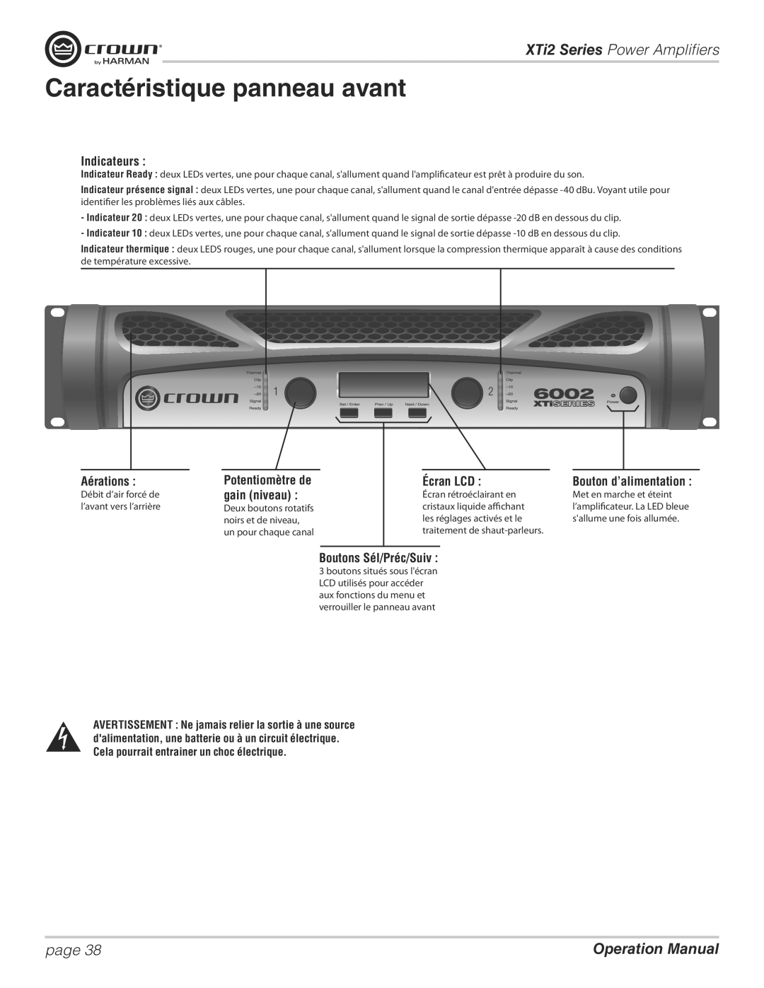 Crown XTI 6002, XTI 2002, XTI 4002, XTI 1002 operation manual Caractéristique panneau avant 