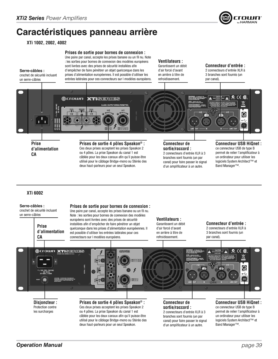 Crown XTI 1002 Caractéristiques panneau arrière, Ventilateurs, Prises de sortie 4 pôles Speakon, Connecteur USB HiQnet 