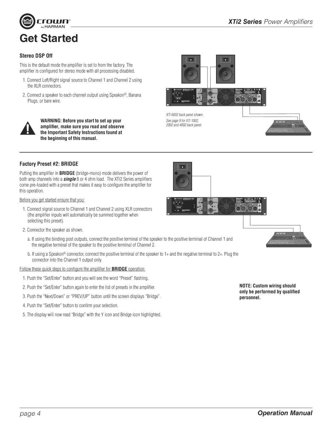 Crown XTI 2002, XTI 4002, XTI 6002, XTI 1002 operation manual Get Started, Stereo DSP Off, Factory Preset #2 Bridge 