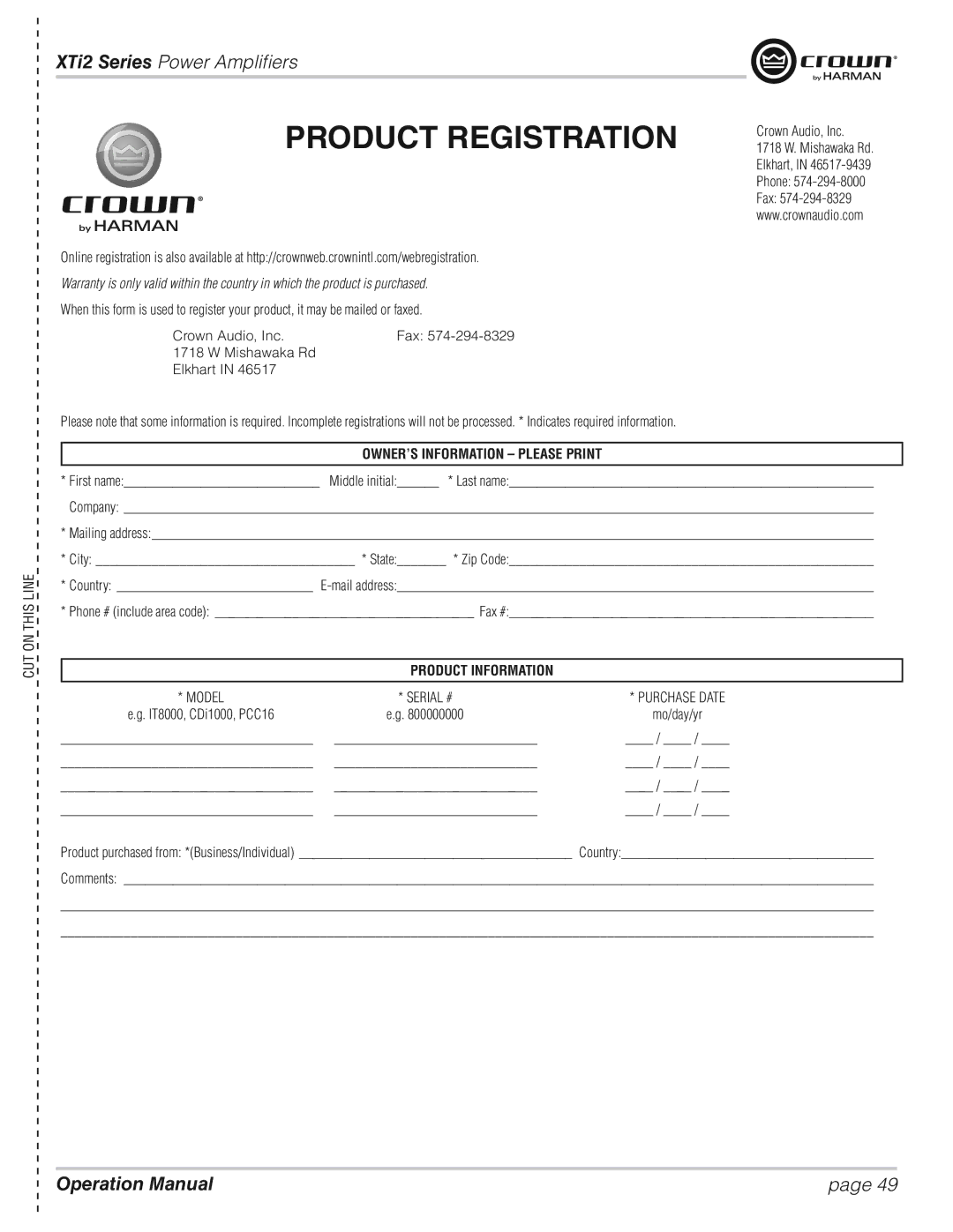 Crown XTI 4002, XTI 2002, XTI 6002, XTI 1002 operation manual Crown Audio, Inc, IT8000, CDi1000, PCC16 