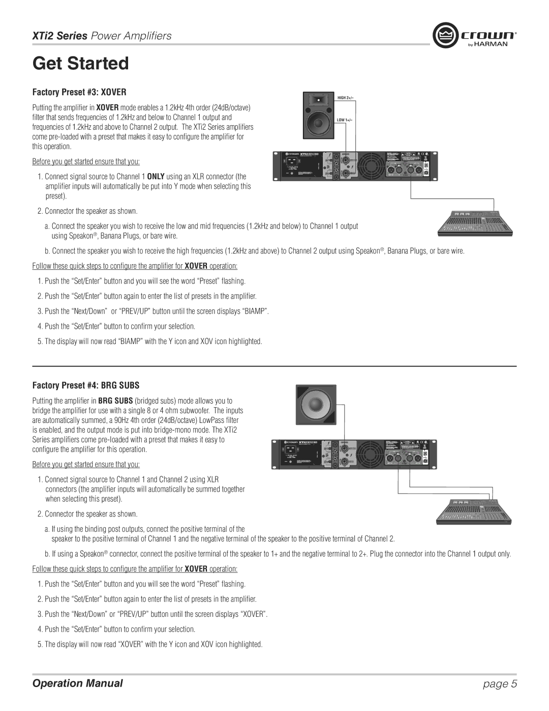 Crown XTI 4002, XTI 2002, XTI 6002, XTI 1002 operation manual Factory Preset #3 Xover, Factory Preset #4 BRG Subs 