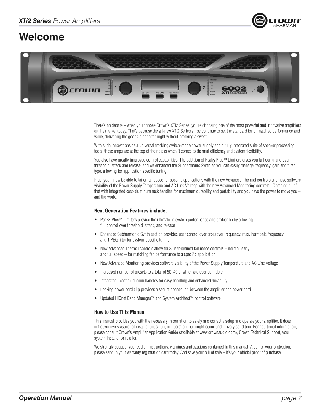 Crown XTI 1002, XTI 2002, XTI 4002, XTI 6002 Welcome, Next Generation Features include, How to Use This Manual 