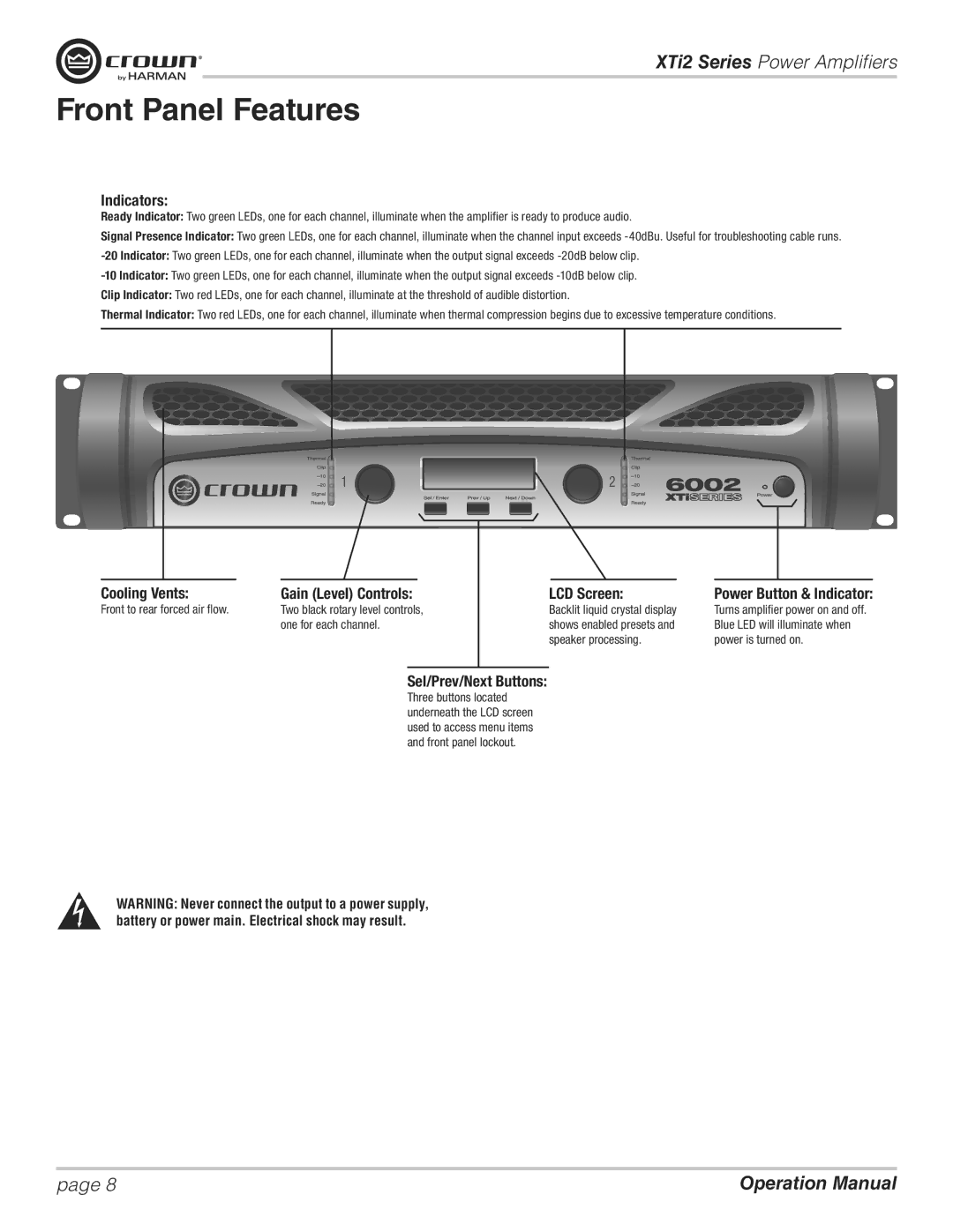 Crown XTI 2002, XTI 4002, XTI 6002, XTI 1002 operation manual Front Panel Features, Indicators 