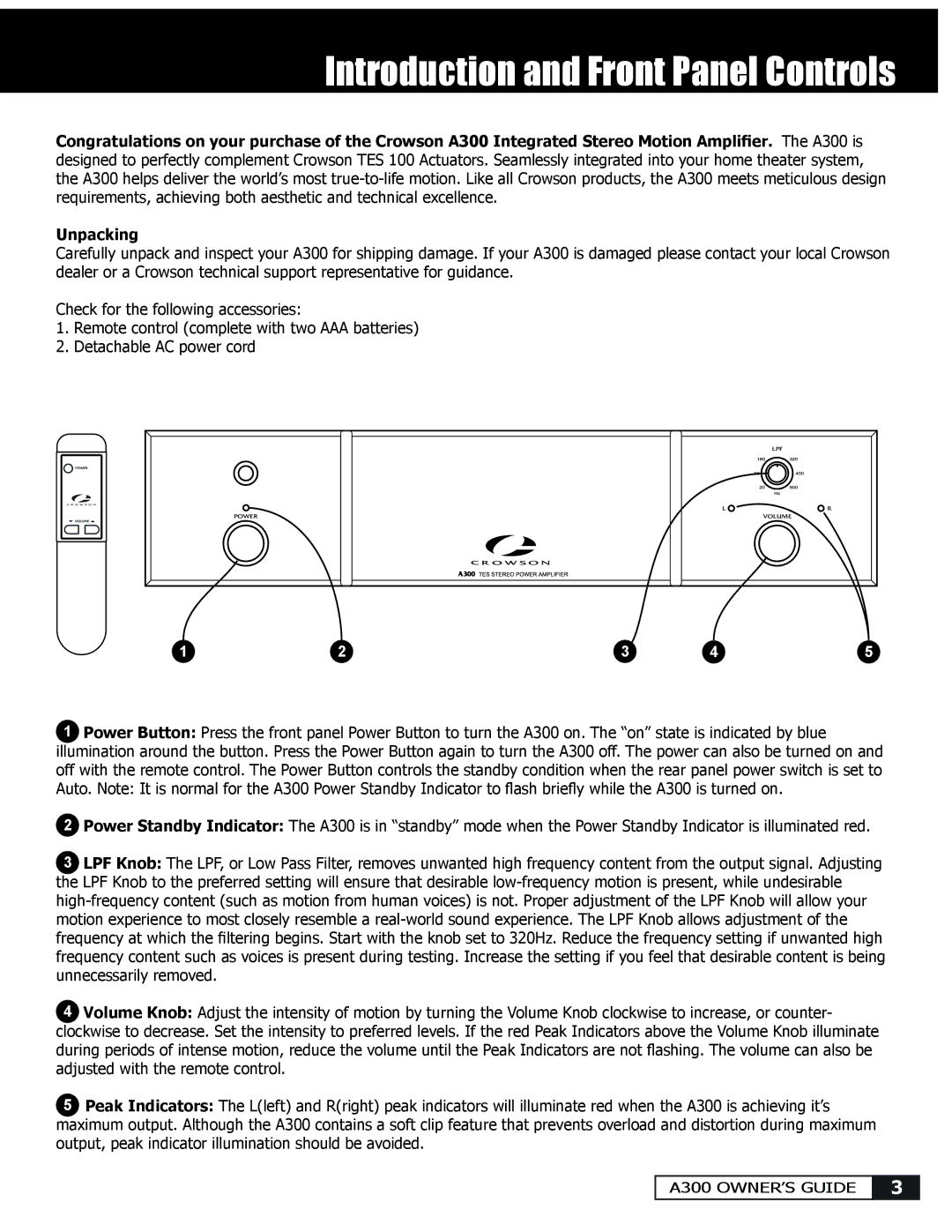 Crowson Technology A300 manual Introduction and Front Panel Controls 