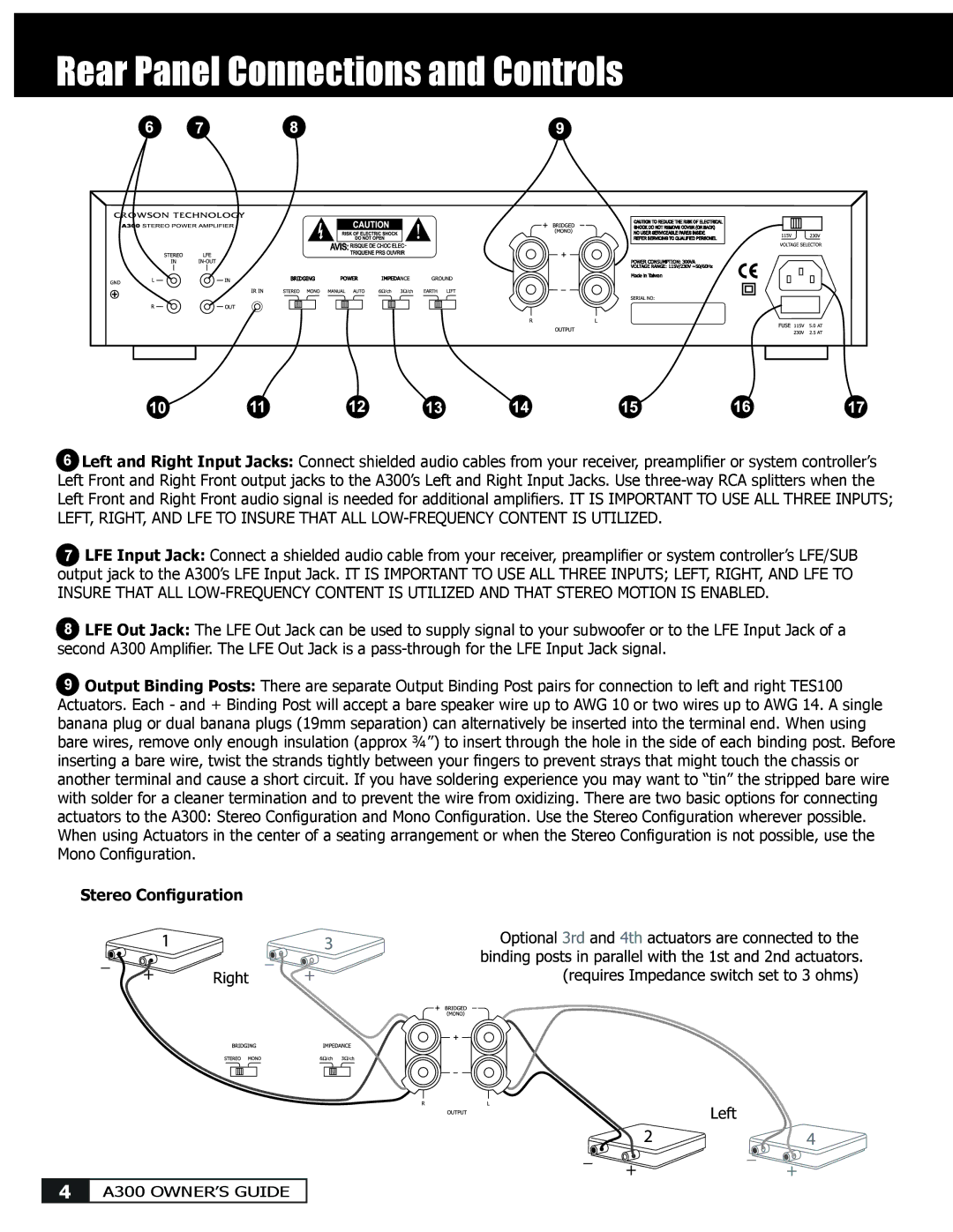 Crowson Technology A300 manual Rear Panel Connections and Controls, Stereo Conﬁguration 