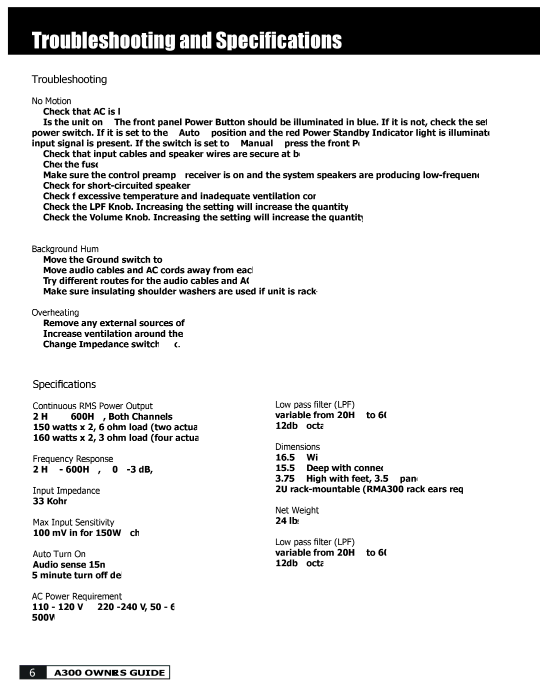 Crowson Technology A300 manual Troubleshooting and Speciﬁcations 