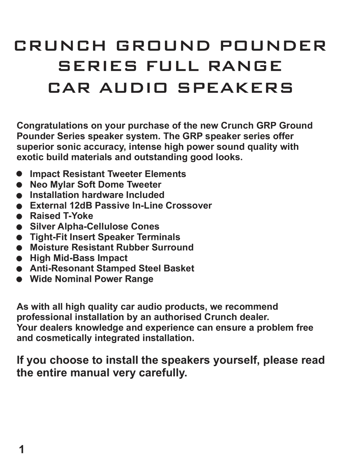 Crunch GRP62CX, GRP693, GRP6.5C, GRP52CX, GRP5.2C manual Crunch Ground Pounder Series Full Range CAR Audio Speakers 