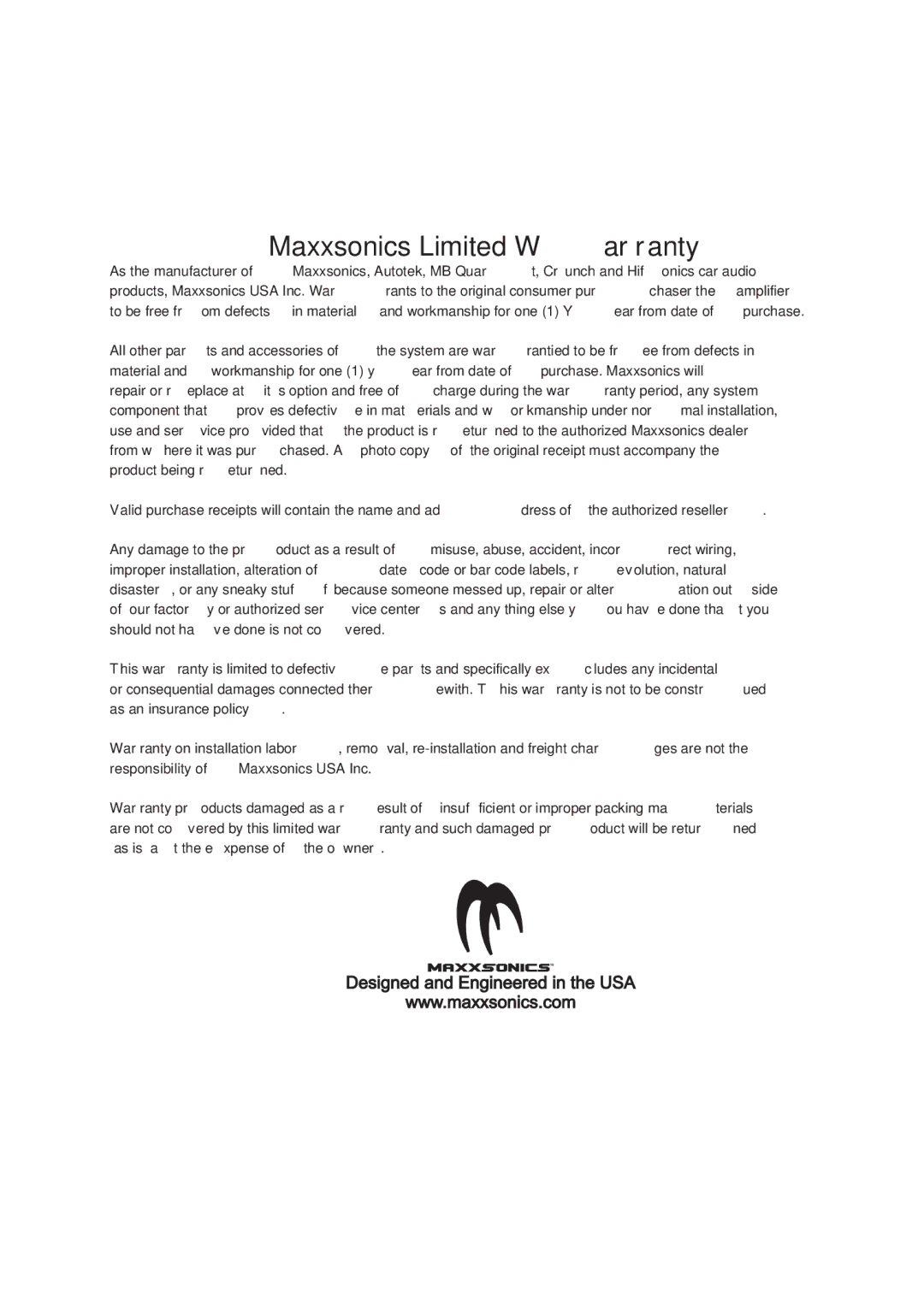 Crunch GRP52CX, GRP693, GRP6.5C, GRP62CX, GRP5.2C manual Maxxsonics Limited Warranty 