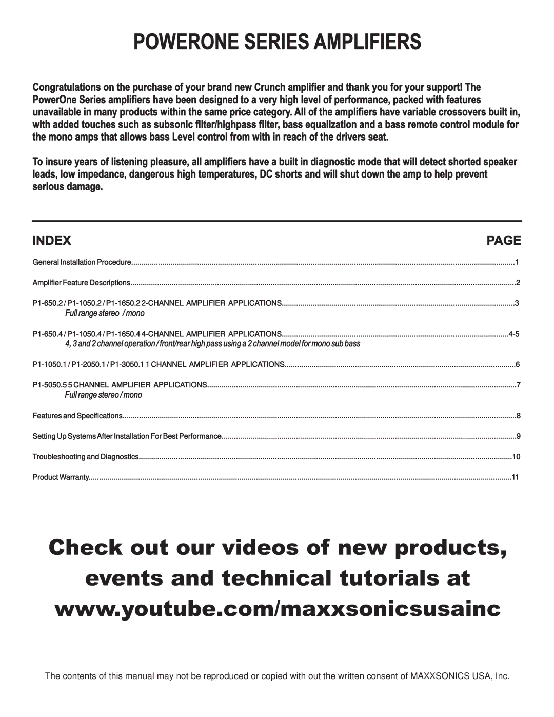 Crunch P1-650.4, P1-650.2, P1-1050.1, P1-2050.1, P1-3050.1, P1-1650.4, P1-1050.2, P1-1650.2, P1-1050.4 Powerone Series Amplifiers 
