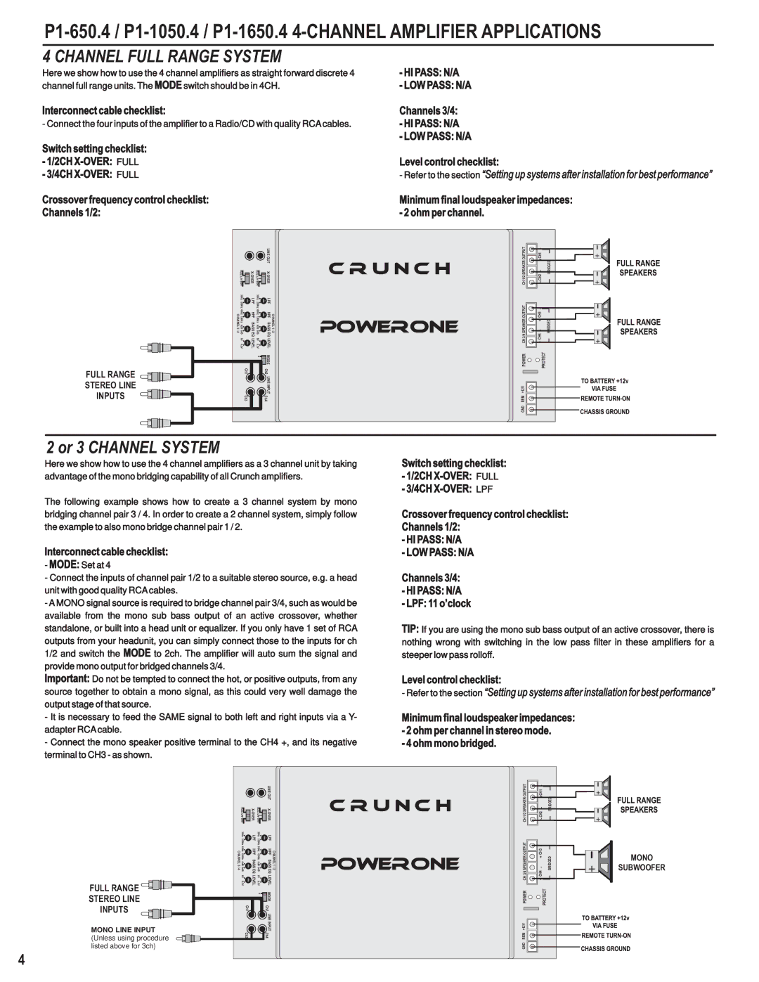 Crunch P1-1050.2, P1-650.2, P1-1050.1 4CH X-OVER Full, 2CH X-OVER Full 4CH X-OVER LPF, HI Pass N/A LOW Pass N/A 