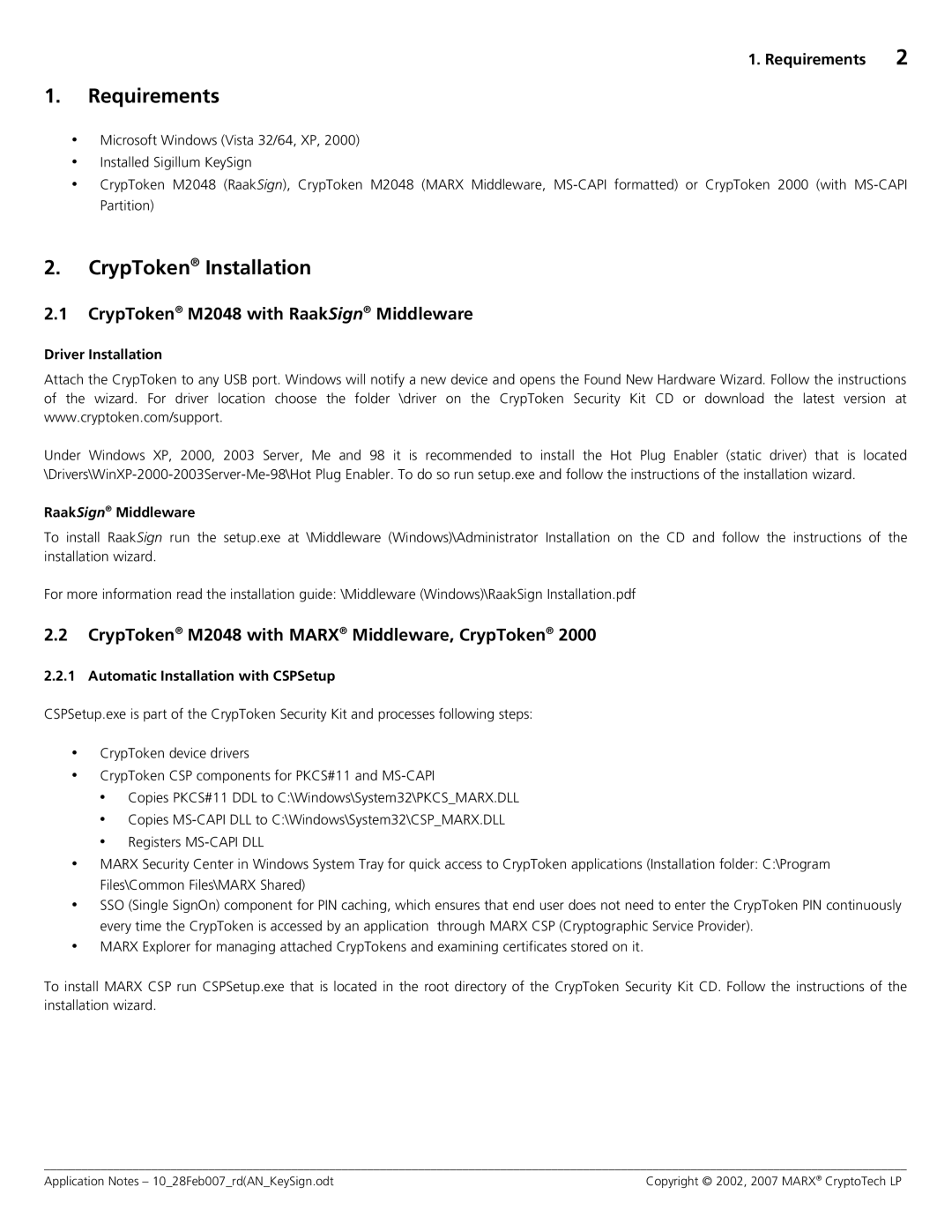 Cryptek MX2048 JC0P, M2048 manual Requirements, CrypToken Installation, Driver Installation, RaakSign Middleware 