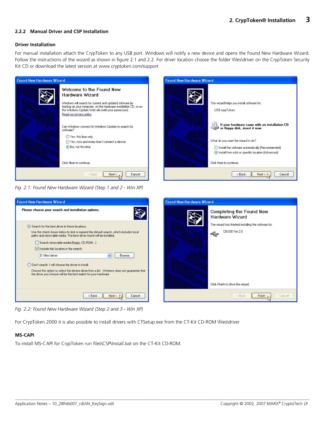 Cryptek M2048, MX2048 JC0P manual CrypToken Installation, Manual Driver and CSP Installation Driver Installation 