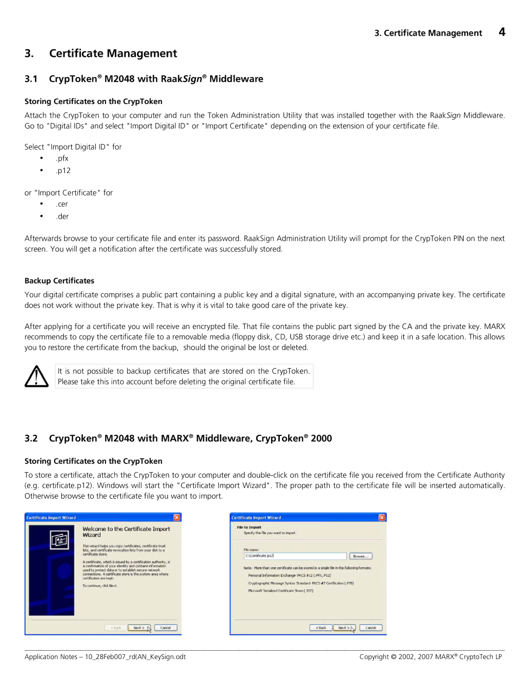 Cryptek MX2048 JC0P, M2048 manual Certificate Management, Storing Certificates on the CrypToken, Backup Certificates 