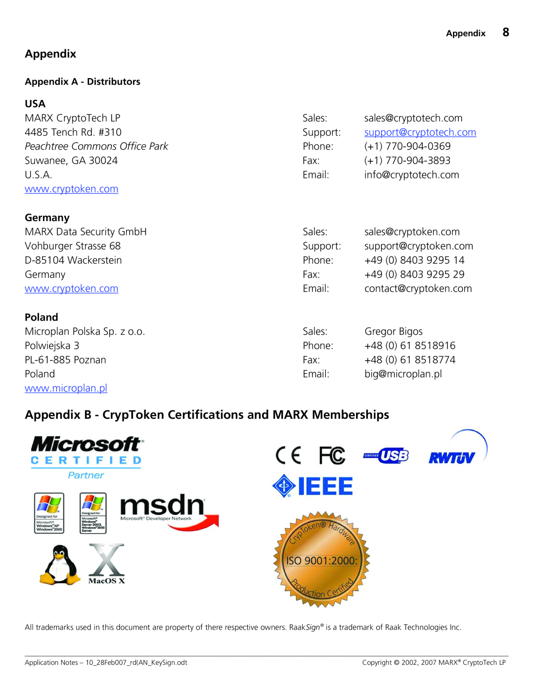 Cryptek MX2048 JC0P, M2048 manual Germany, Poland, Appendix B - CrypToken Certifications and MARX Memberships 