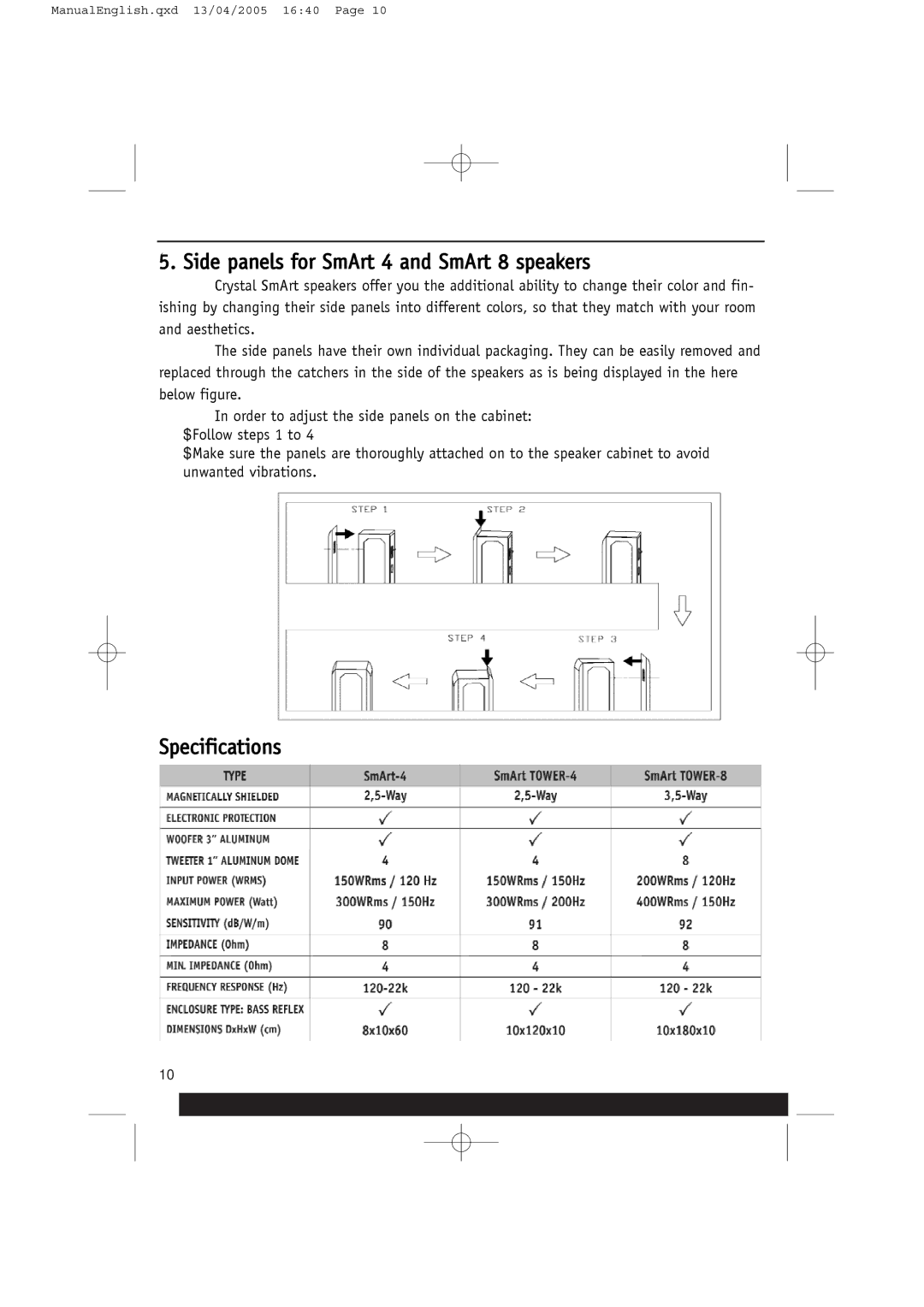 Crystal Audiovideo manual Side panels for SmArt 4 and SmArt 8 speakers, Specifications 