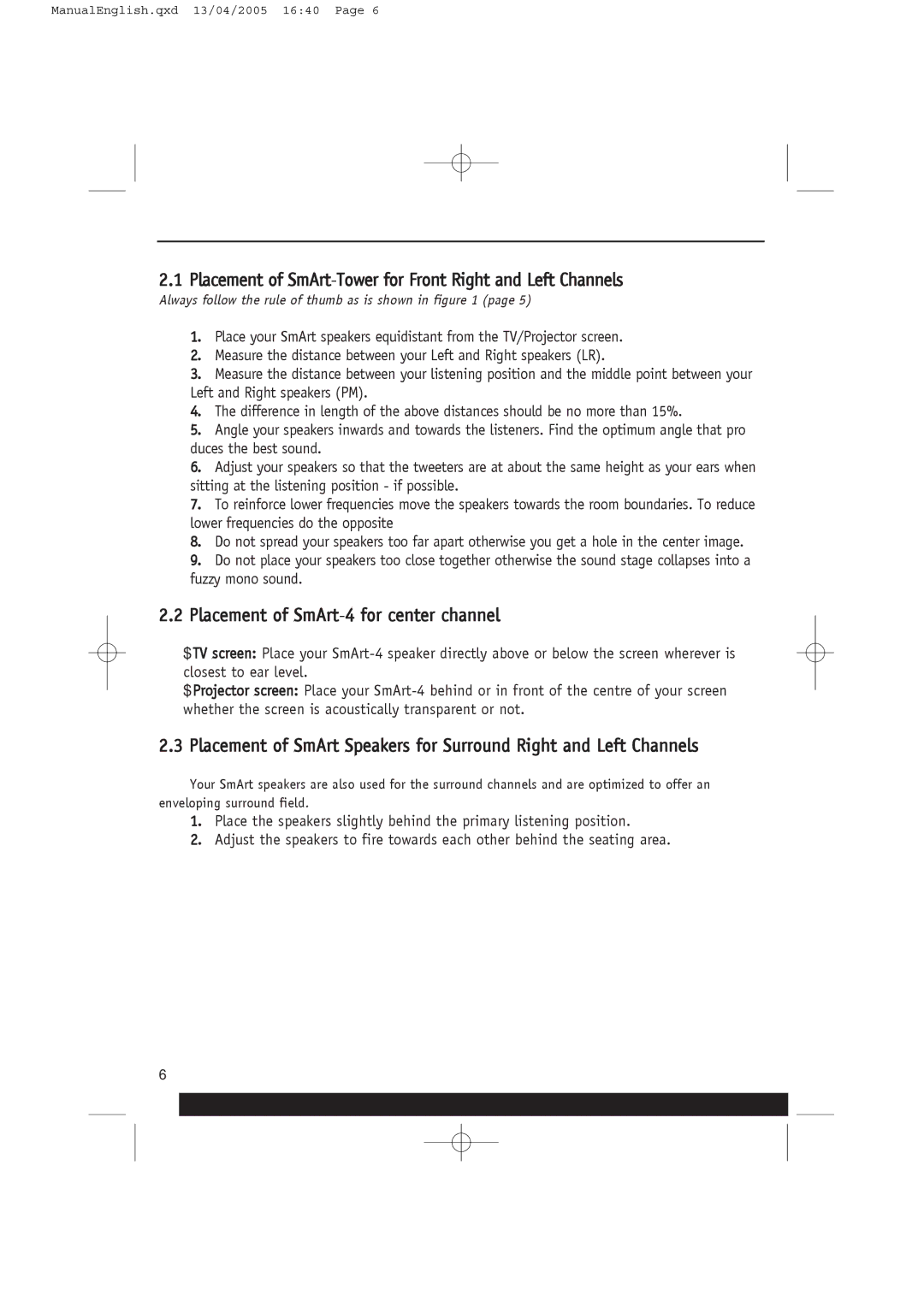 Crystal Audiovideo manual Placement of SmArt-Tower for Front Right and Left Channels 