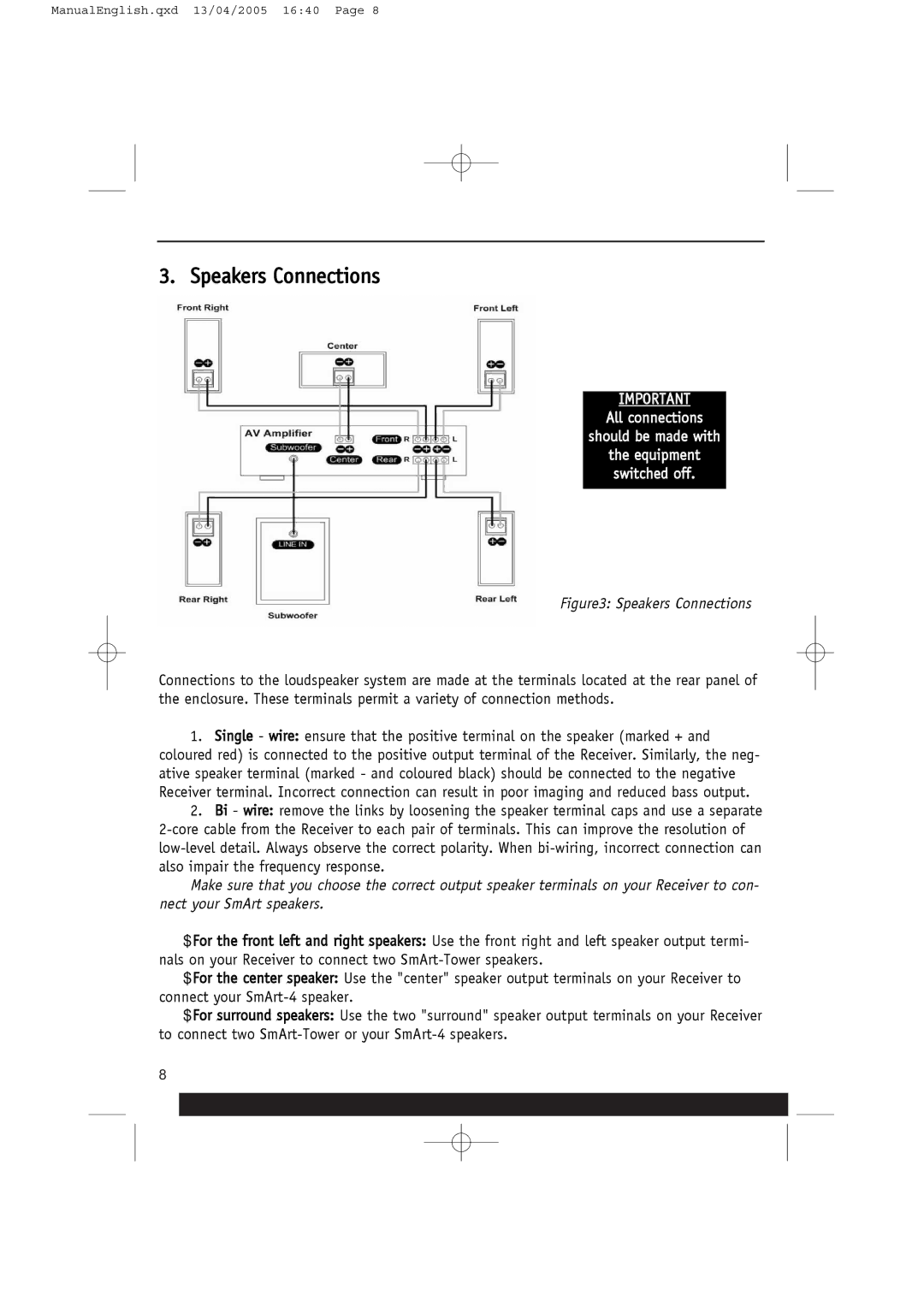 Crystal Audiovideo SmArt manual Speakers Connections, All connections Should be made with Equipment Switched off 