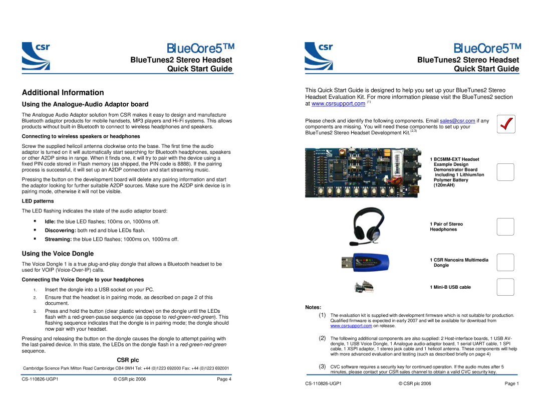 CSR Stereo Headset quick start Using the Analogue-Audio Adaptor board, Using the Voice Dongle, CSR plc 