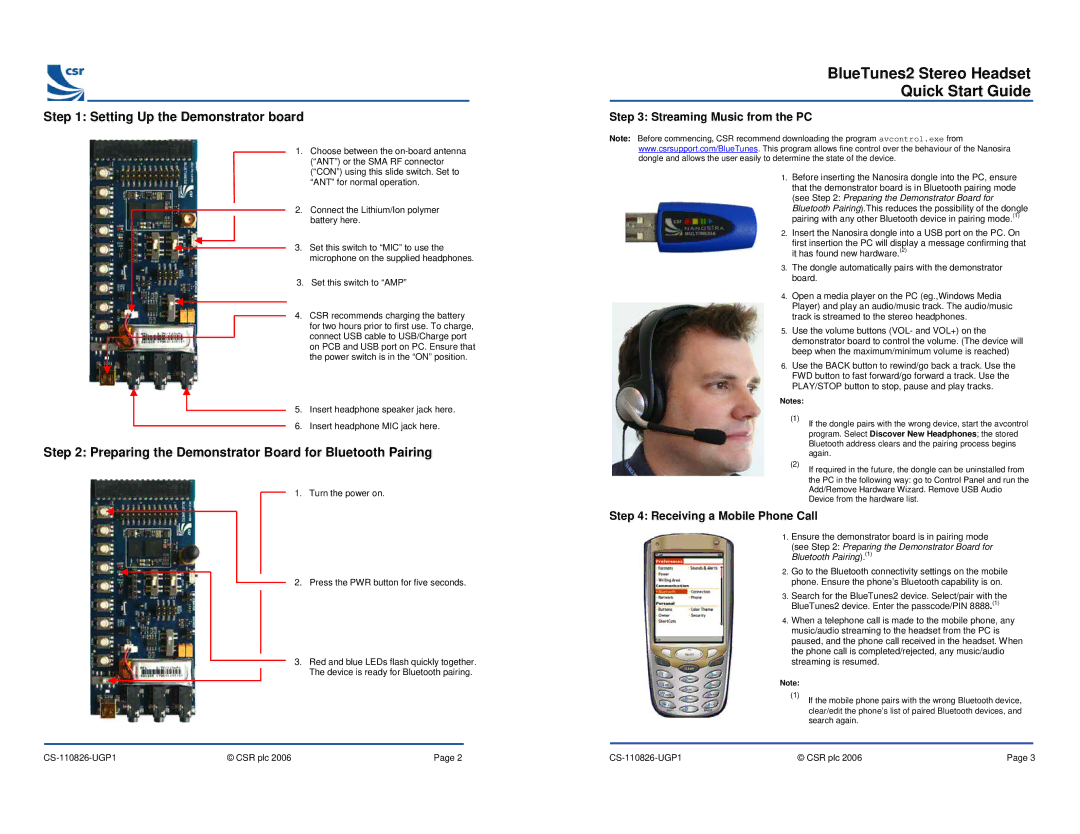 CSR Stereo Headset quick start Setting Up the Demonstrator board, Preparing the Demonstrator Board for Bluetooth Pairing 