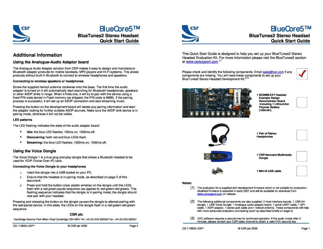CSR quick start BlueTunes2 Stereo Headset Quick Start Guide, Additional Information, Using the Voice Dongle, CSR plc 