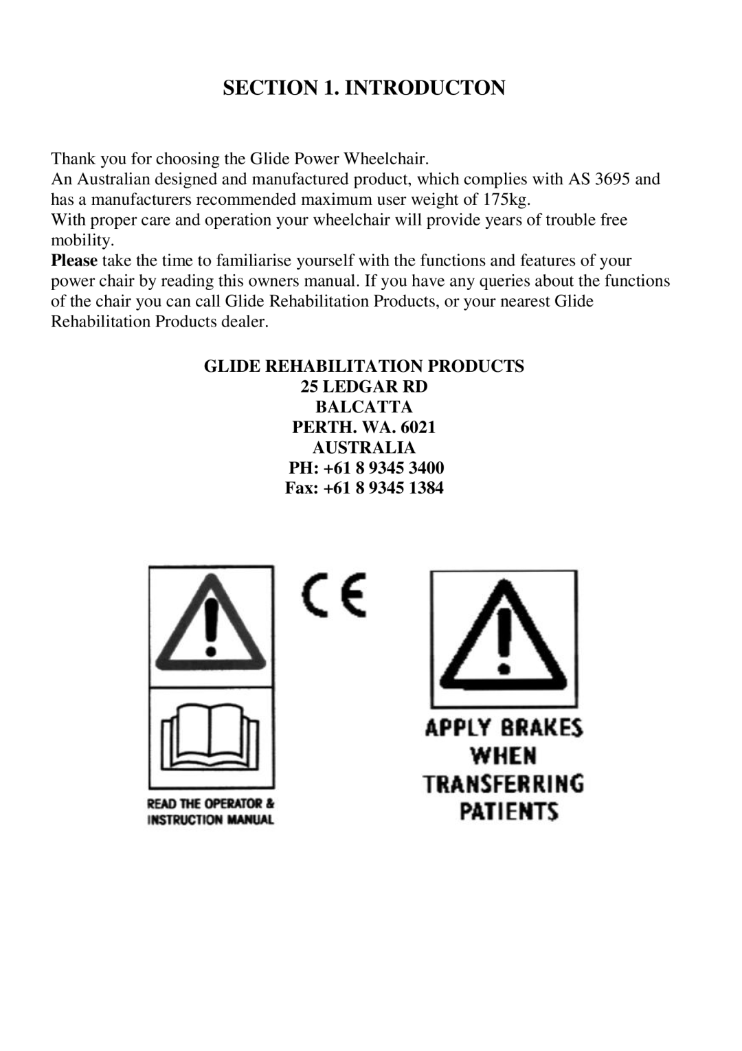 CTA 7 Series, 6 Series user manual Introducton, Glide Rehabilitation Products Ledgar RD Balcatta, Perth. Wa, Australia 