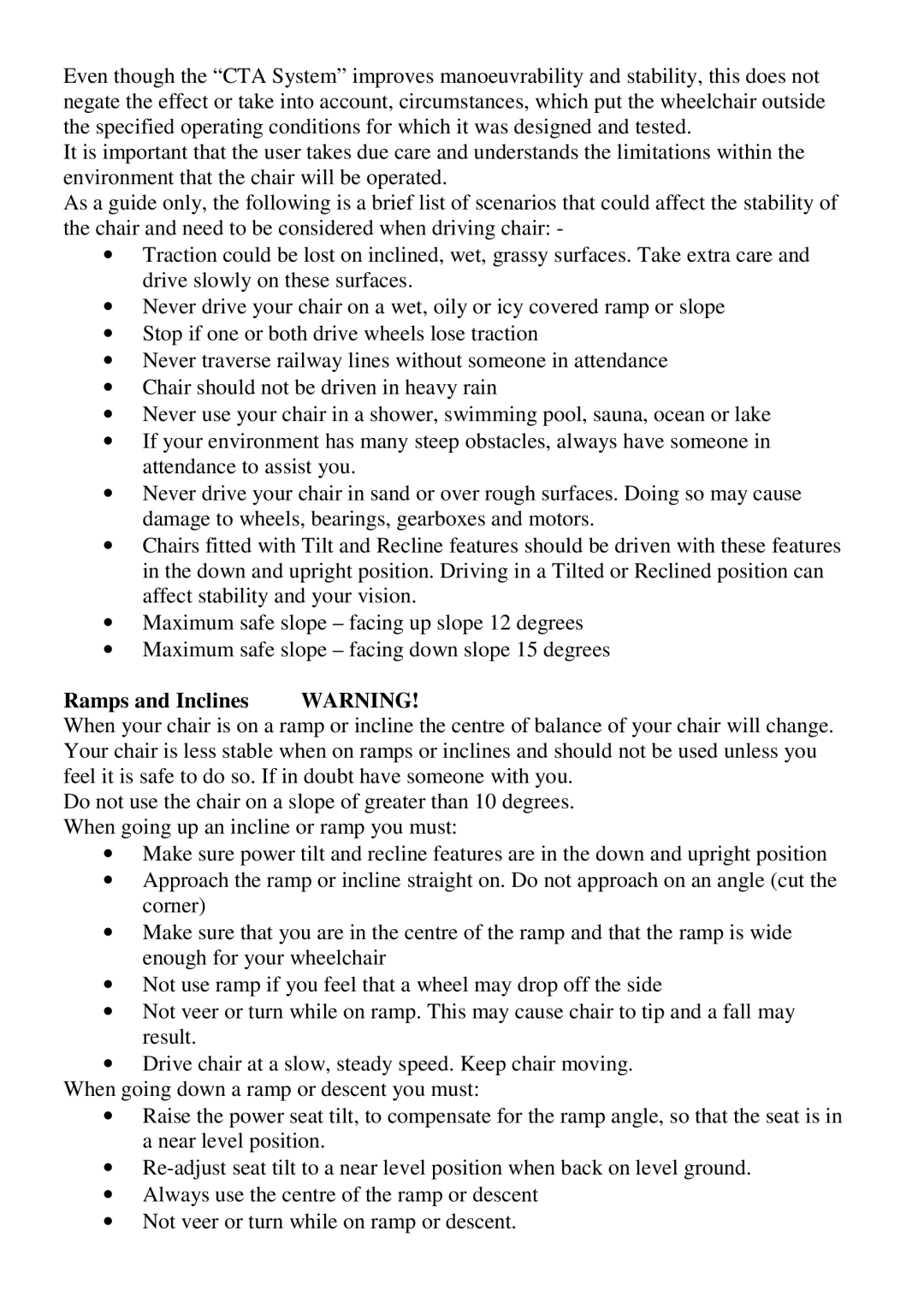 CTA 6 Series, 7 Series user manual Ramps and Inclines Warning 