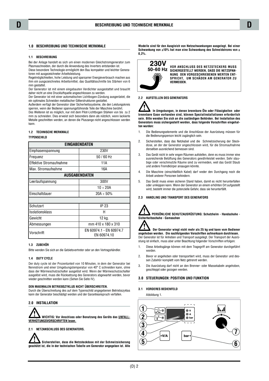 CTA SHARP 6K Beschreibung UND Technische Merkmale, Eingabendaten, Ausgabendaten, Steuerungen Position UND Funktion 