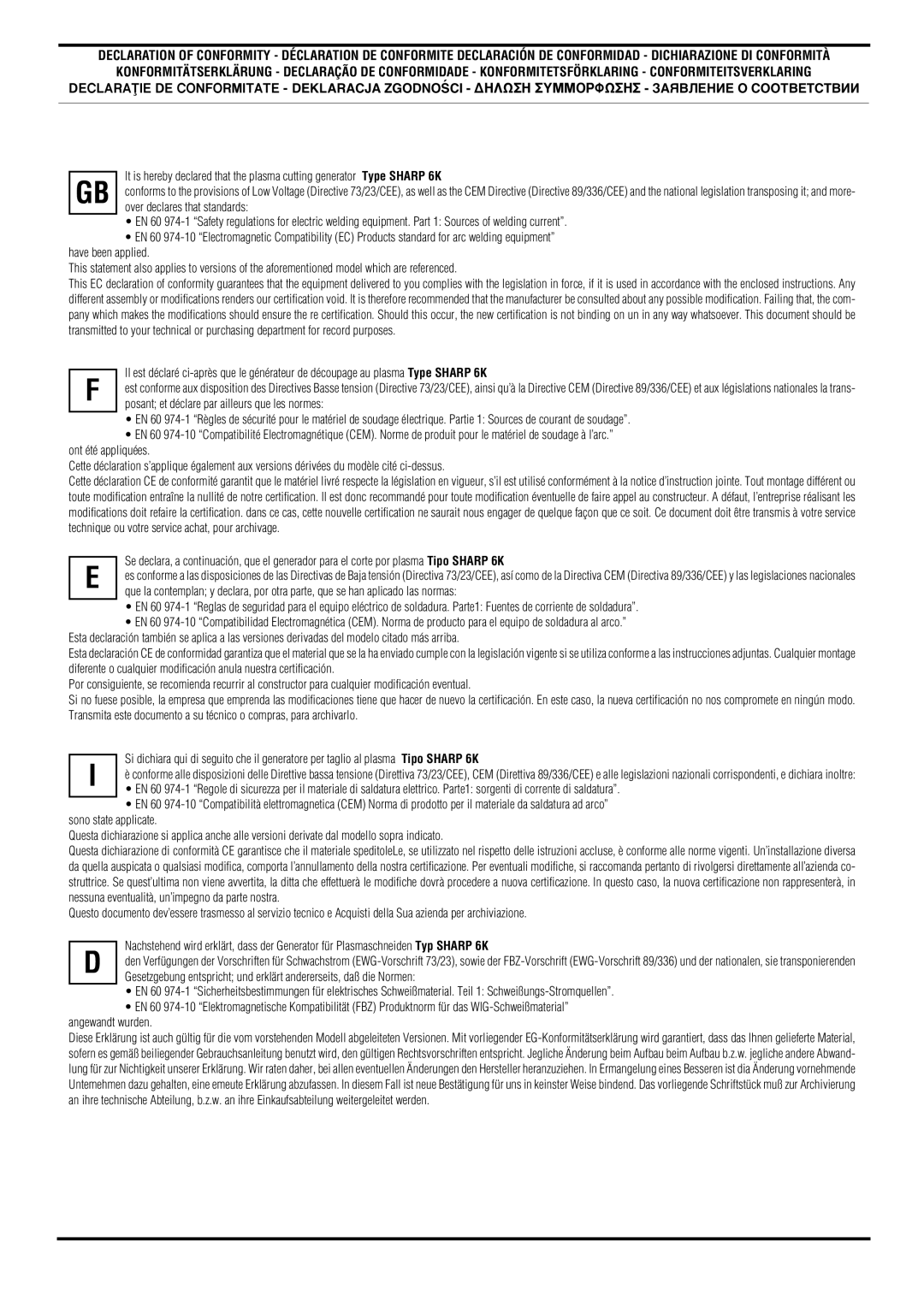 CTA SHARP 6K technical specifications Over declares that standards 