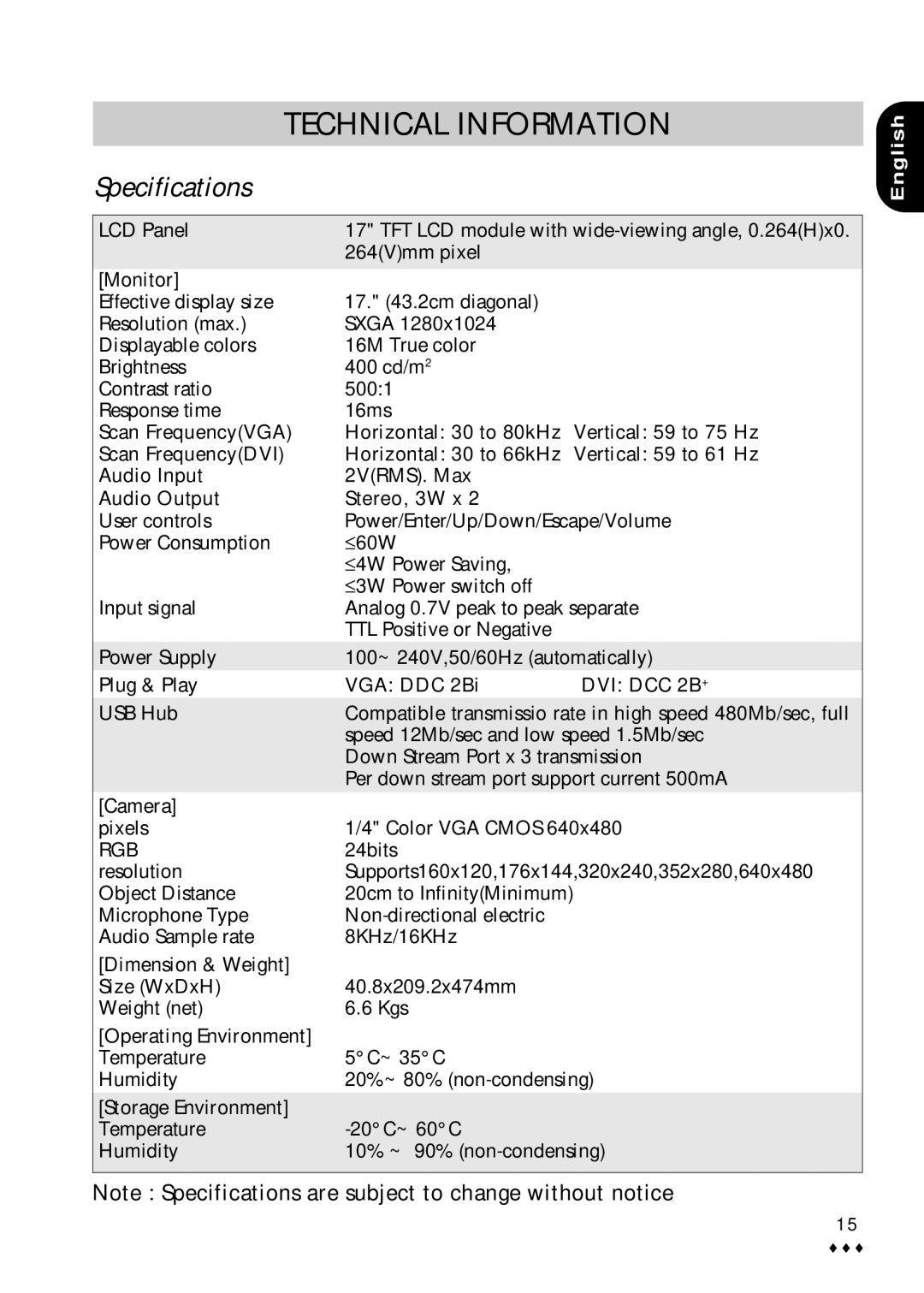 CTX M730V user manual Specifications, Monitor 