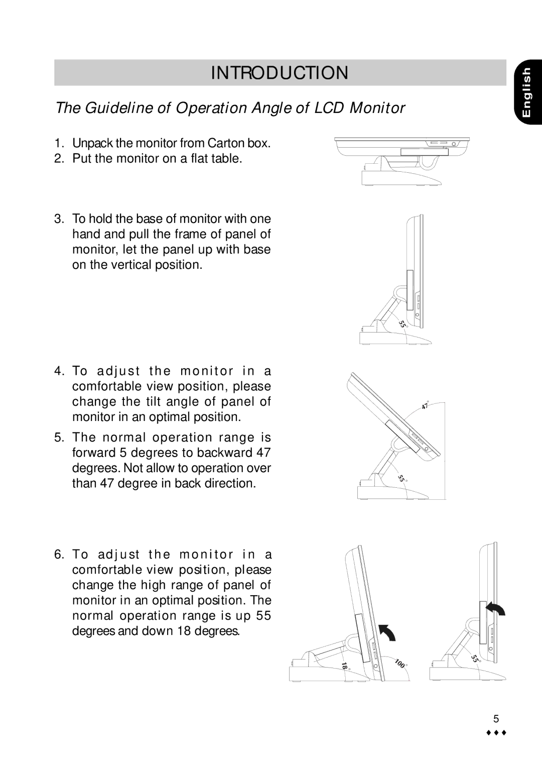 CTX M730V user manual Guideline of Operation Angle of LCD Monitor 