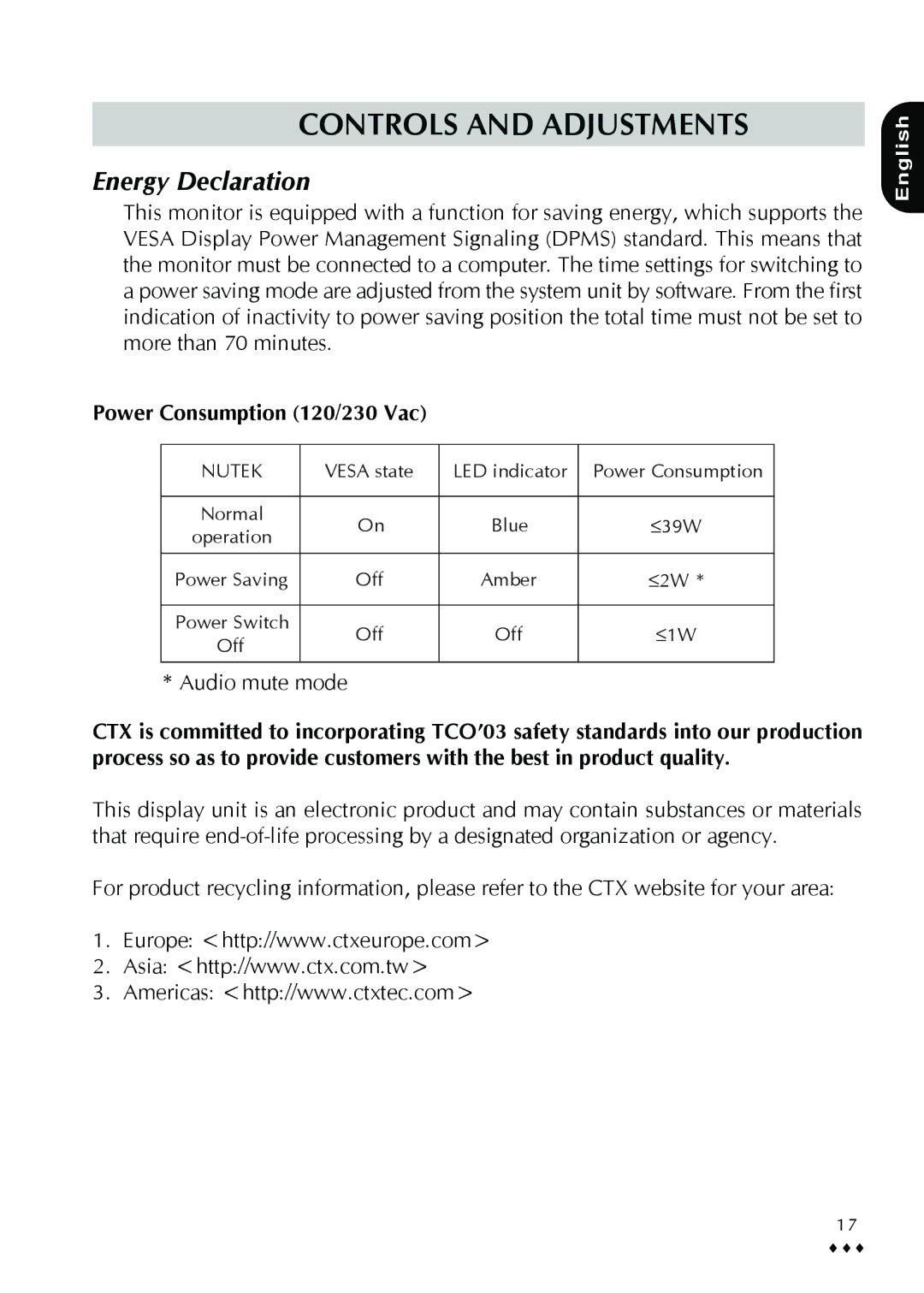 CTX P772 user manual Energy Declaration, Power Consumption 120/230 Vac 