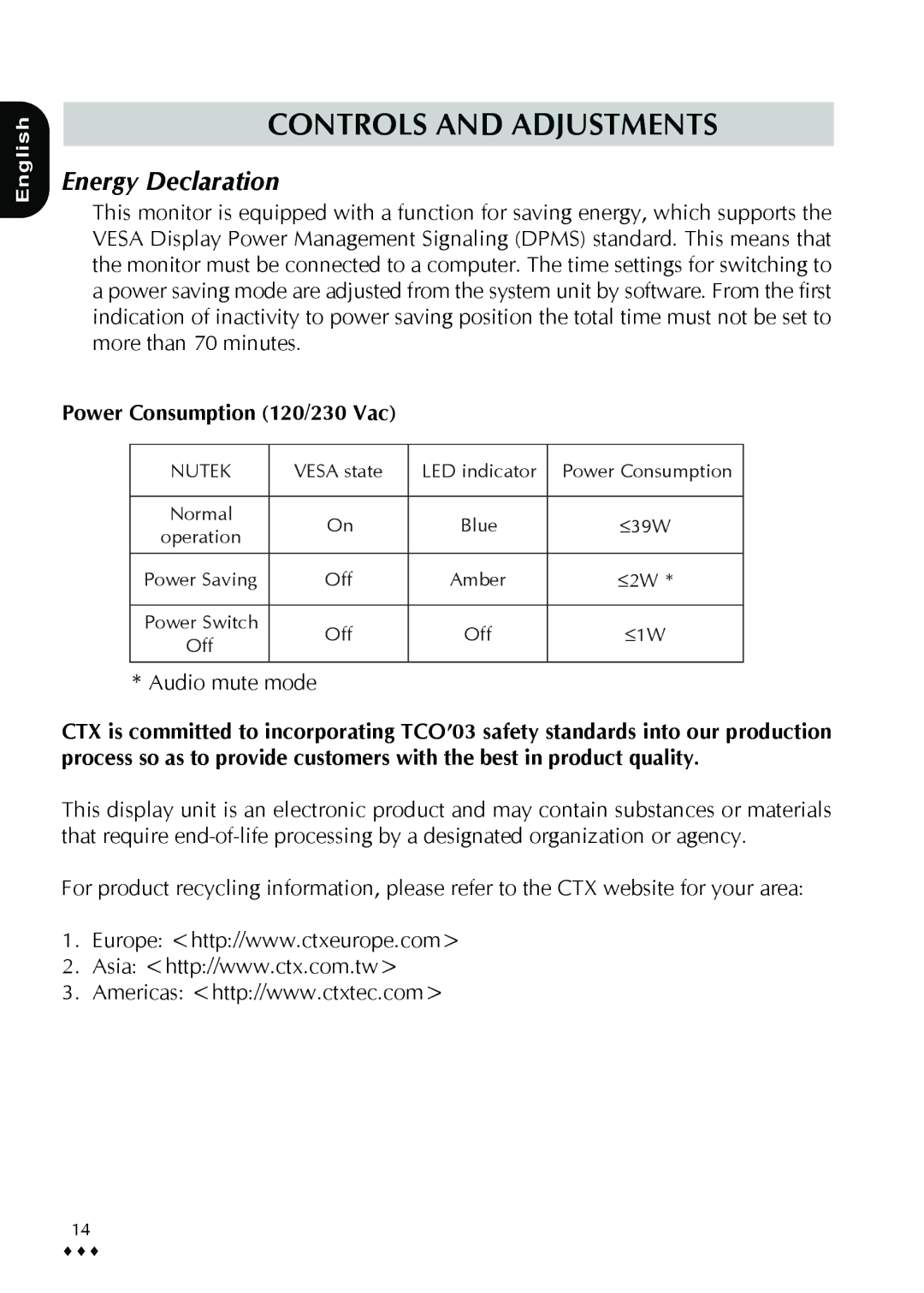 CTX p772L manual Energy Declaration, Power Consumption 120/230 Vac 