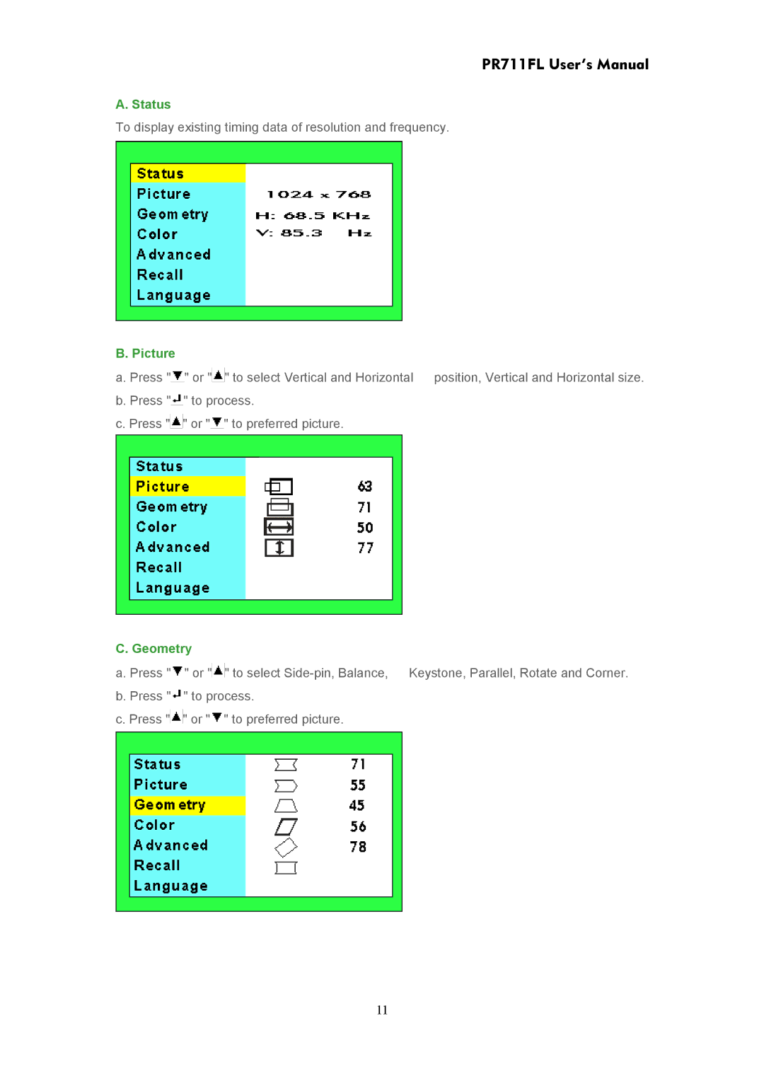 CTX PR711FL user manual Status 