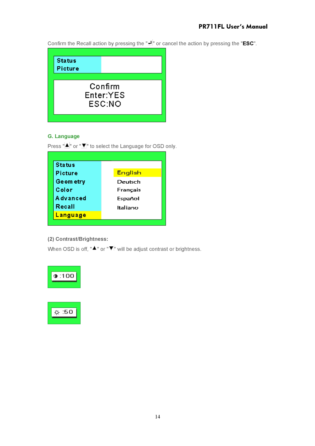 CTX PR711FL user manual Contrast/Brightness 