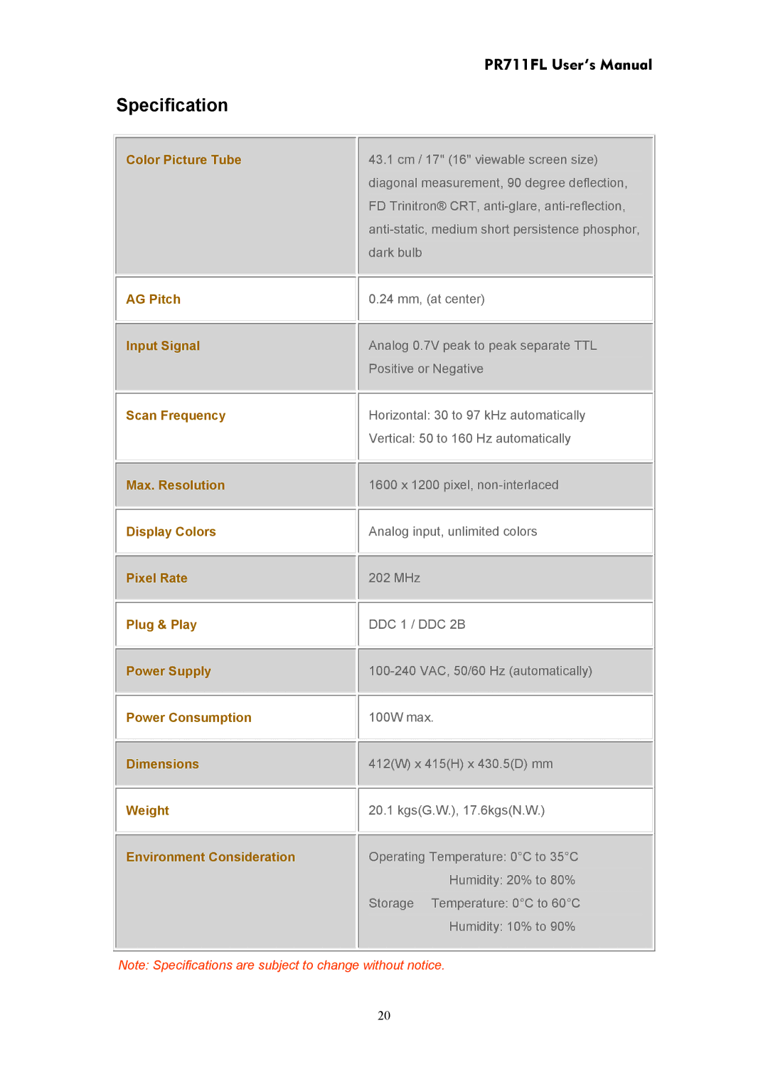 CTX PR711FL user manual Specification 