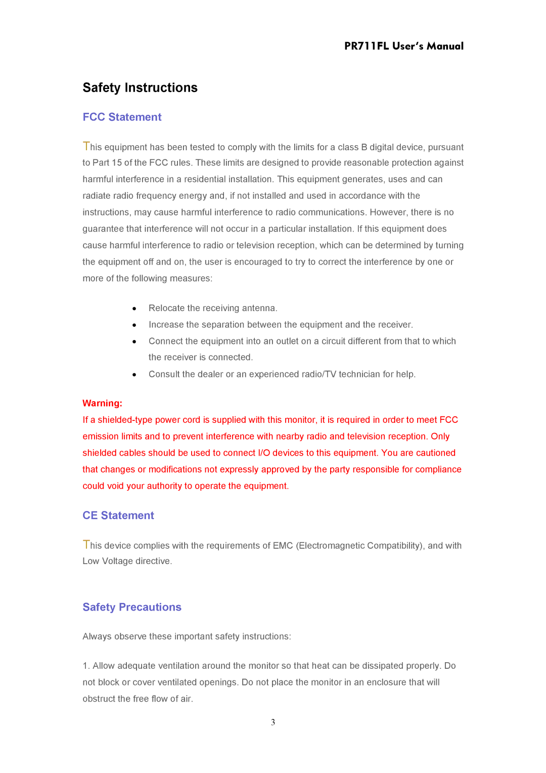 CTX PR711FL user manual Safety Instructions, FCC Statement, CE Statement, Safety Precautions 