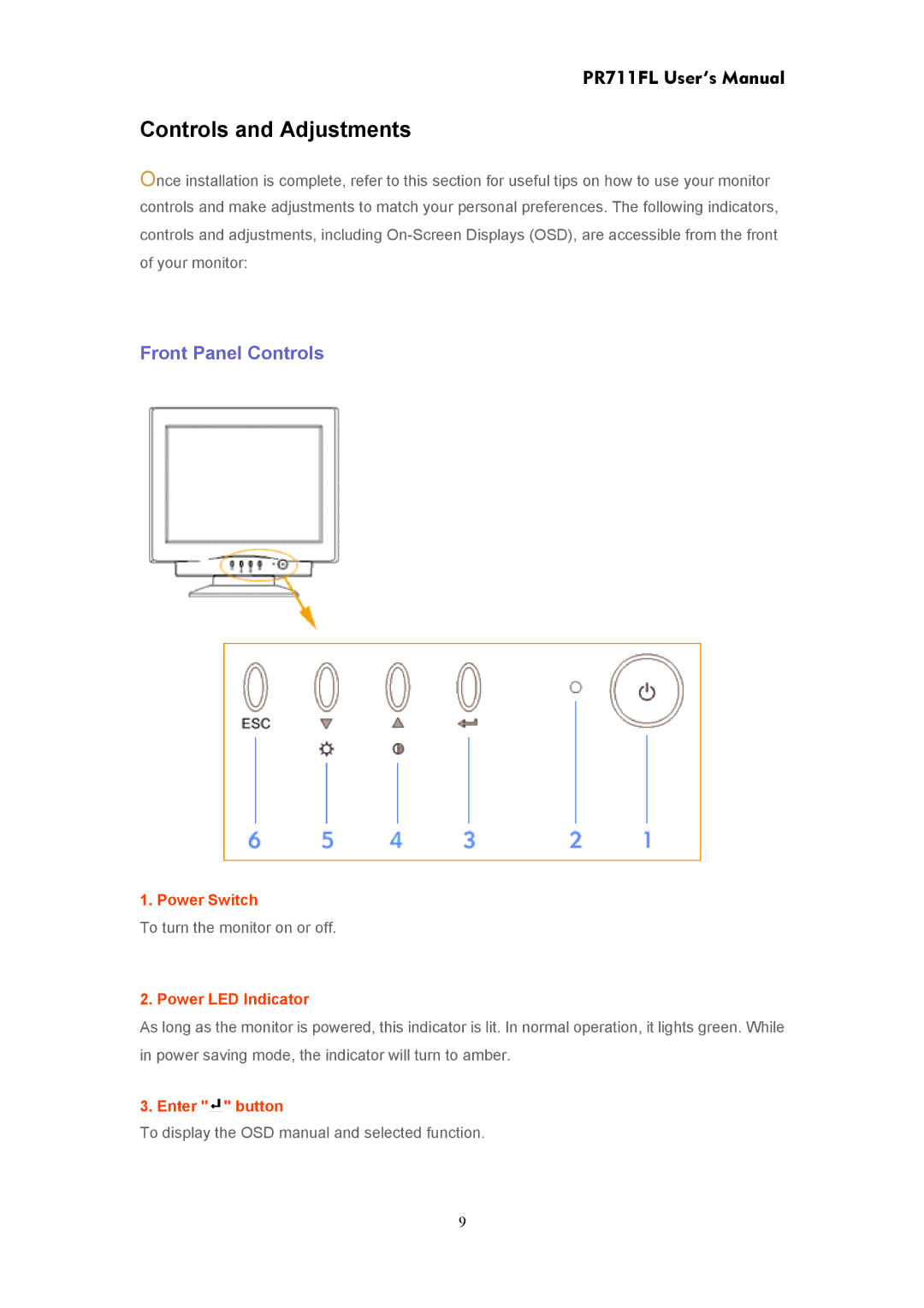 CTX PR711FL user manual Controls and Adjustments, Front Panel Controls 