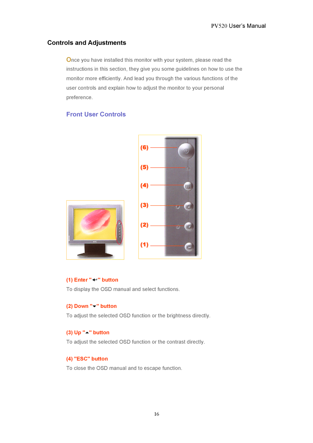 CTX PV520 user manual Controls and Adjustments, Front User Controls 