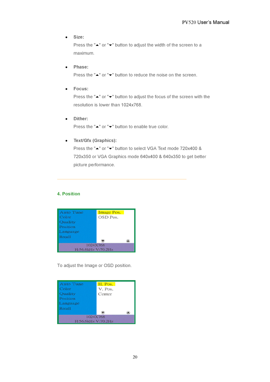 CTX PV520 user manual Size, Phase, Focus, Dither, Text/Gfx Graphics 